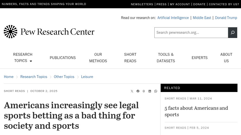 Screenshot of pewresearch.org: Americans increasingly see legal sports betting as a bad thing for society