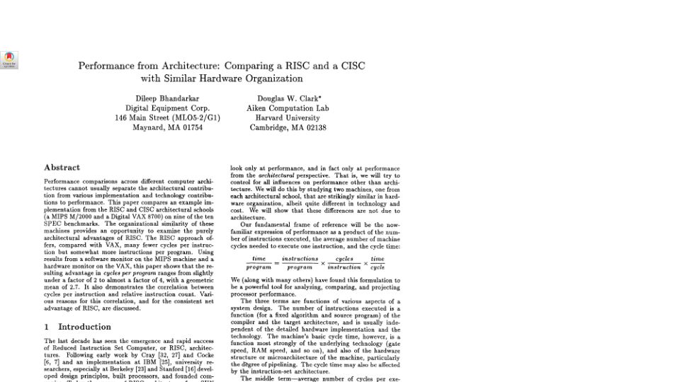 Screenshot of dl.acm.org: Comparing a RISC and a CISC with similar hardware organization (1991)