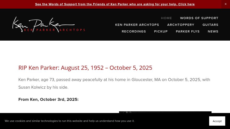 Screenshot of kenparkerarchtops.com: Ken Parker, famed luthier, has died