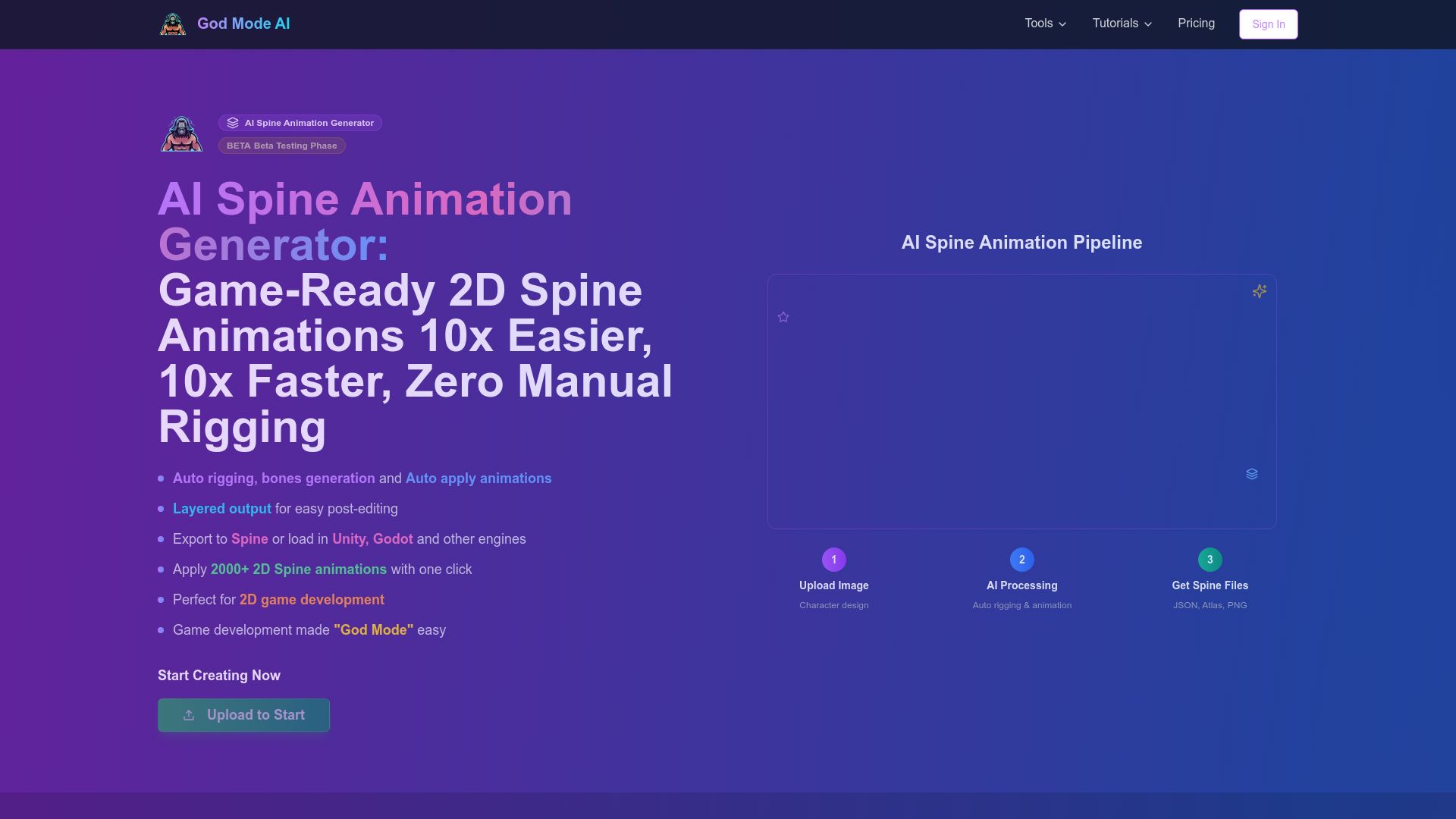 Screenshot of godmodeai.co: Show HN: 2D Spine Animation AI for Game