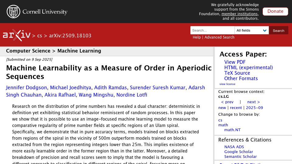 Screenshot of arxiv.org: Machine Learnability as a Measure of Order in Aperiodic Sequences