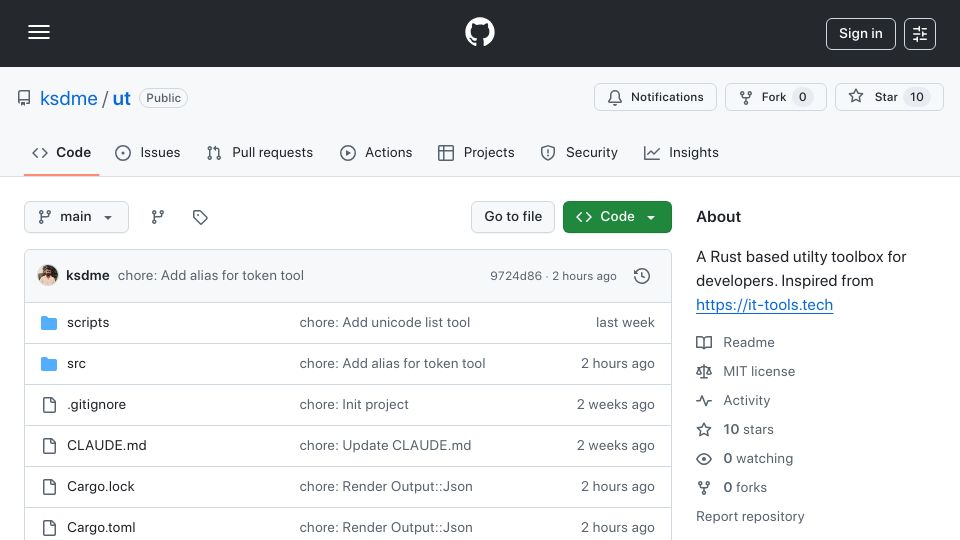 Screenshot of github.com: Show HN: ut – Rust based CLI utilities for devs and IT