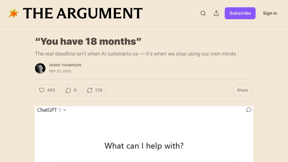 Screenshot of theargumentmag.com: The deadline isn't when AI outsmarts us – it's when we stop using our own minds
