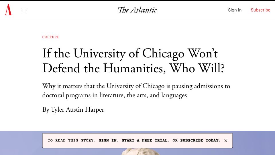 Screenshot of theatlantic.com: If the University of Chicago won't defend the humanities, who will?