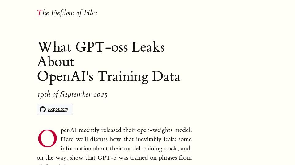 Screenshot of fi-le.net: What GPT-OSS leaks about OpenAI's training data