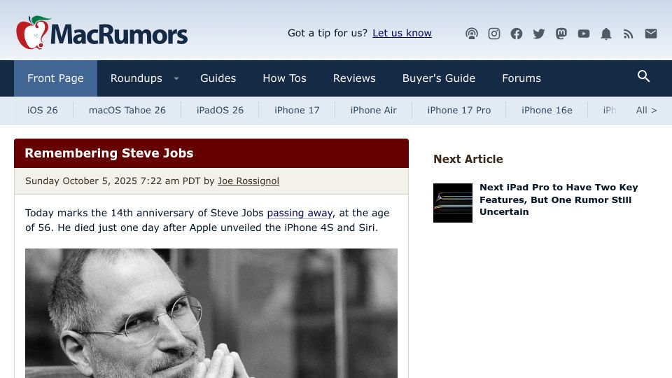 Screenshot of macrumors.com: Remembering Steve Jobs