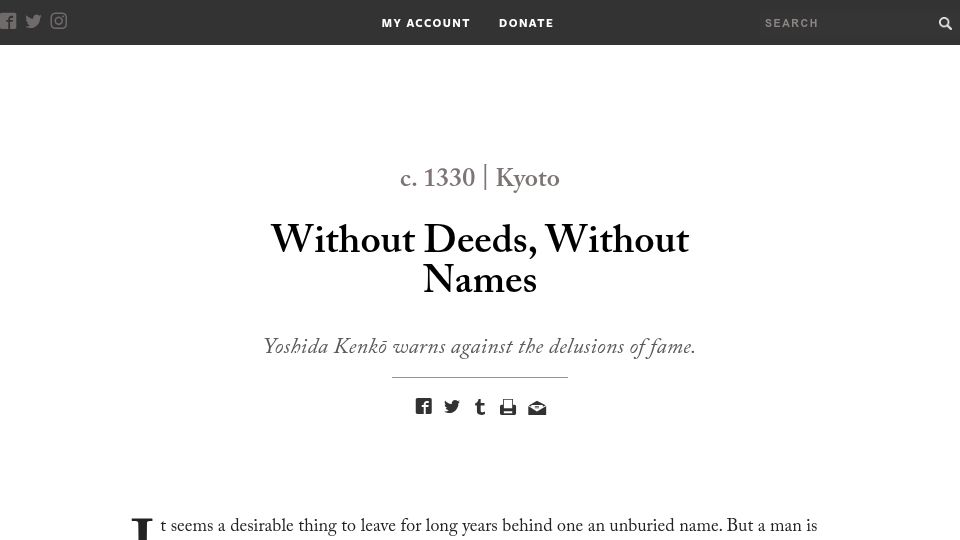 Screenshot of laphamsquarterly.org: Without Deeds, Without Names