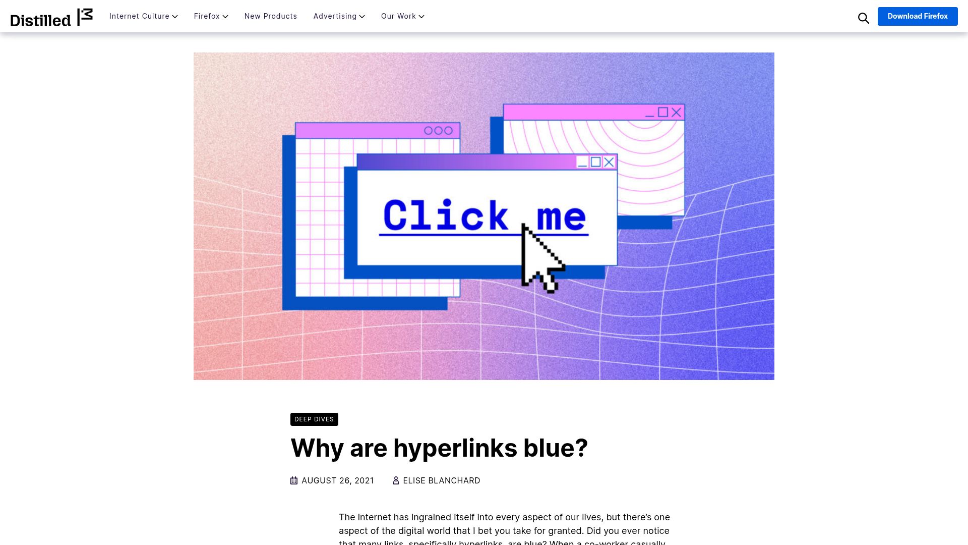 Screenshot of blog.mozilla.org: Why are hyperlinks blue? (2021)