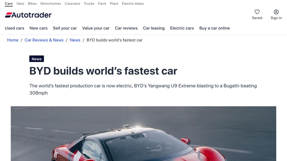 Screenshot of autotrader.co.uk: BYD builds fastest car