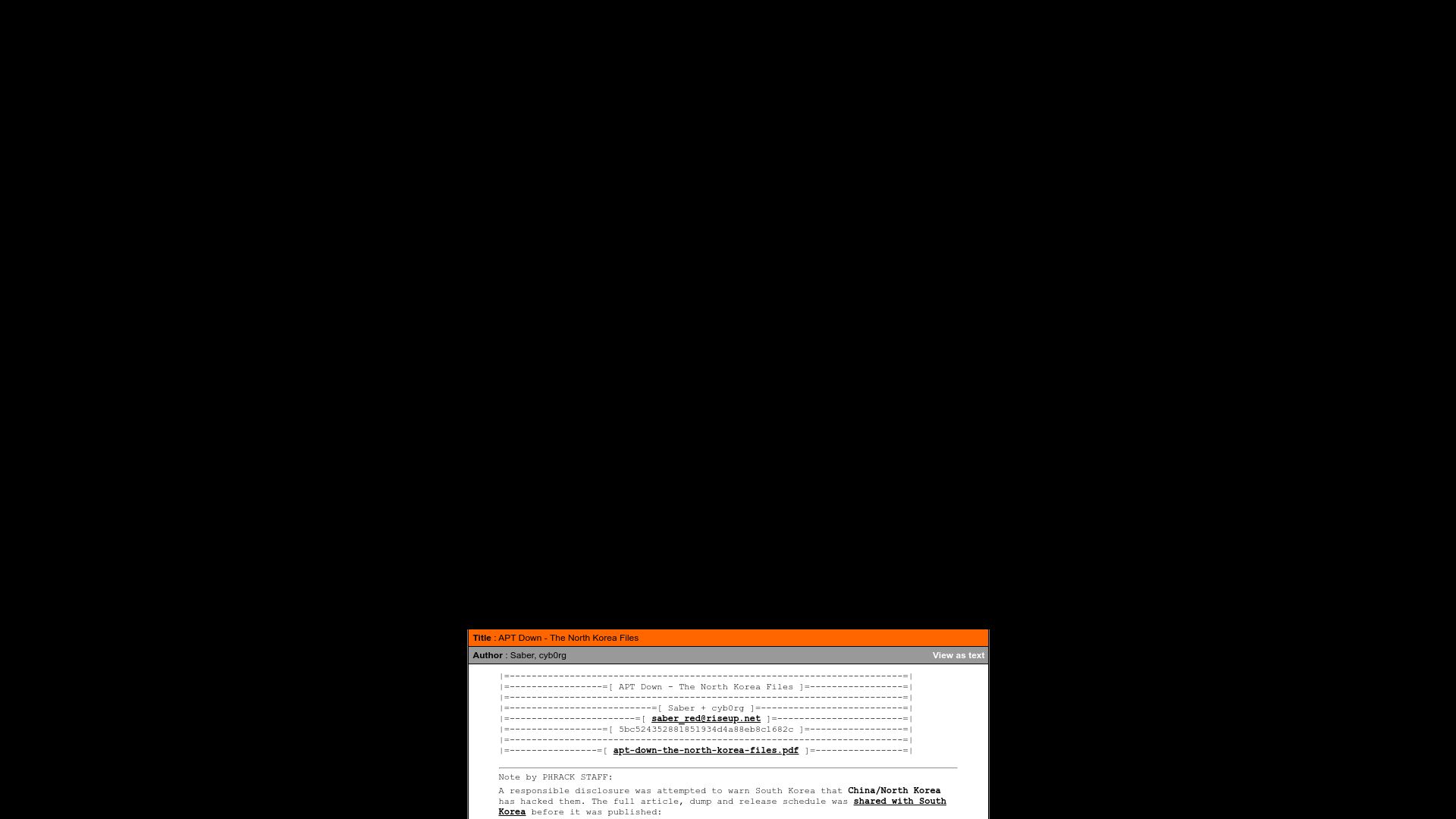 Screenshot of phrack.org: Apt Down – The North Korea Files