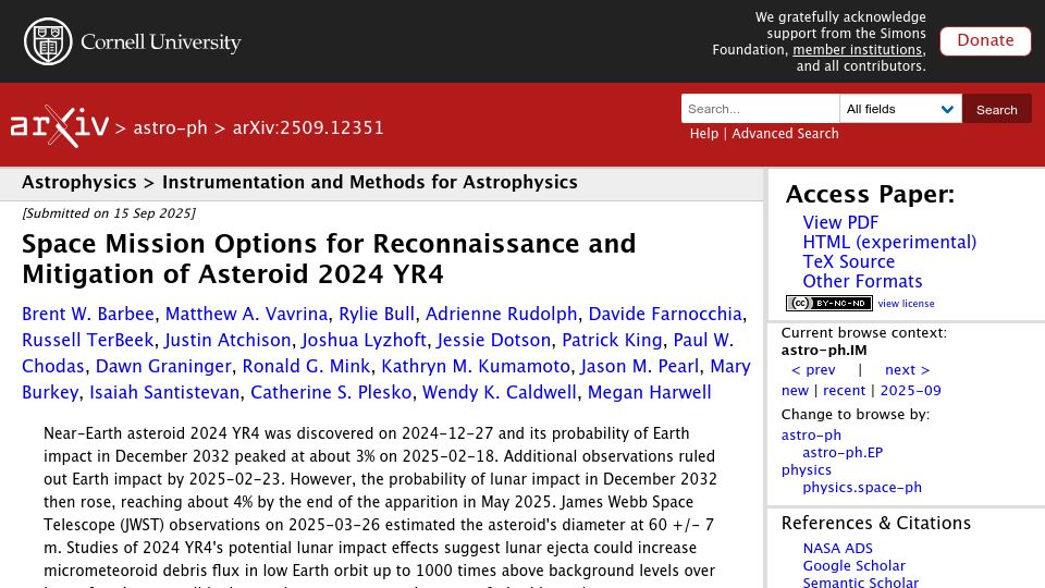 Screenshot of arxiv.org: Space Mission Options for Reconnaissance and Mitigation of Asteroid 2024 YR4