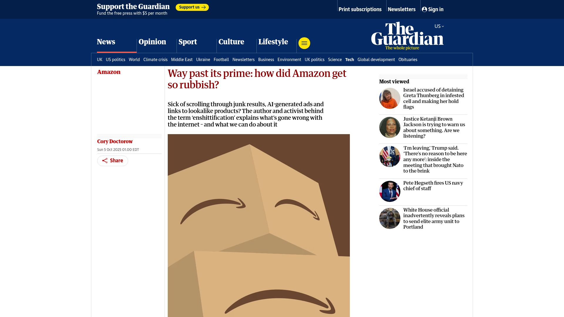 Screenshot of theguardian.com: Way past its prime: how did Amazon get so rubbish?