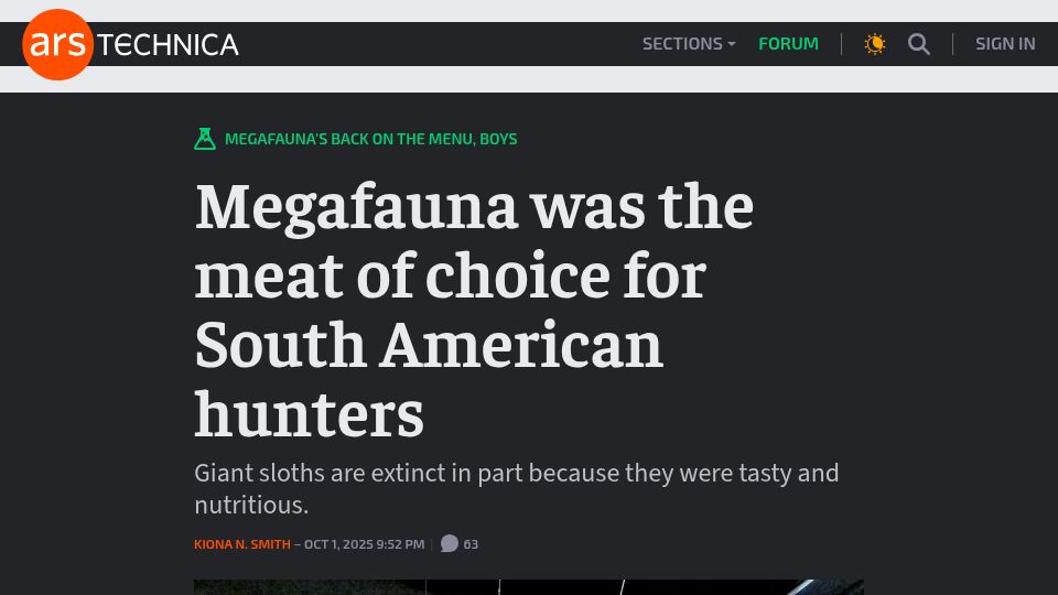 Screenshot of arstechnica.com: Megafauna was the meat of choice for South American hunters