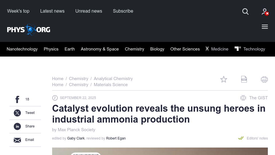 Screenshot of phys.org: Catalyst evolution reveals the unsung heroes in industrial ammonia production