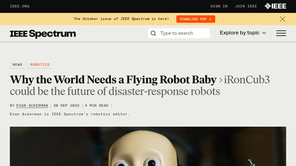 Screenshot of spectrum.ieee.org: IRonCub: A Humanoid Robot Designed to Fly Like Iron Man