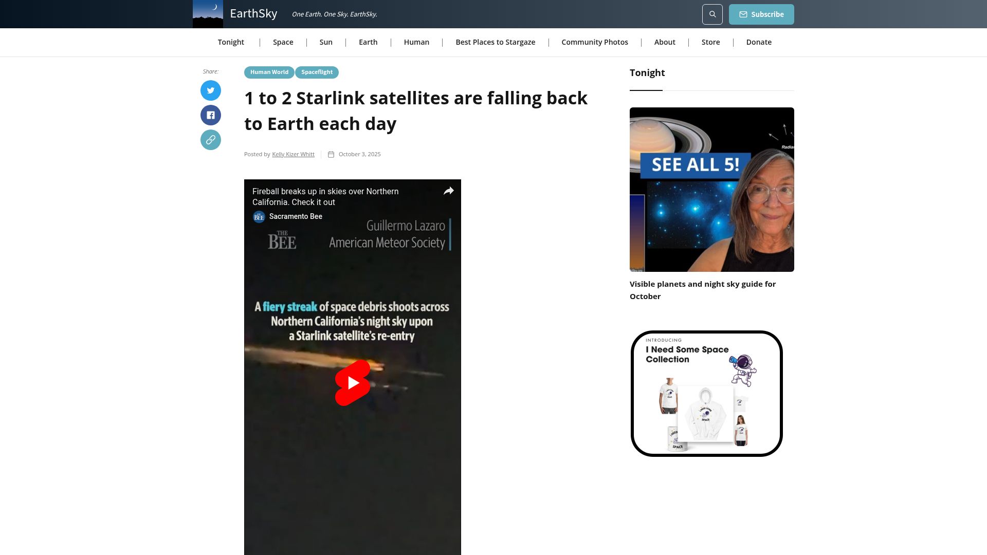 Screenshot of earthsky.org: One to two Starlink satellites are falling back to Earth each day