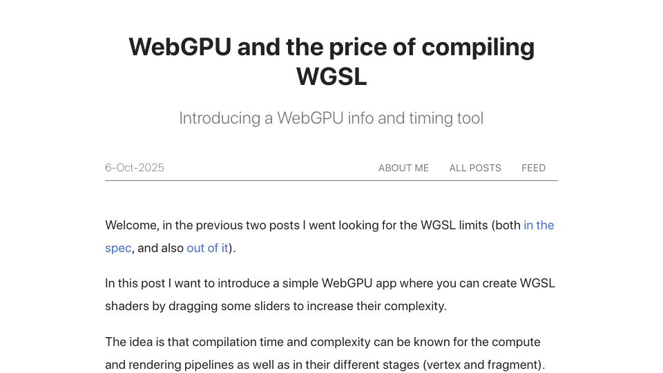 Screenshot of hugodaniel.com: WebGPU and the Price of Compiling WGSL