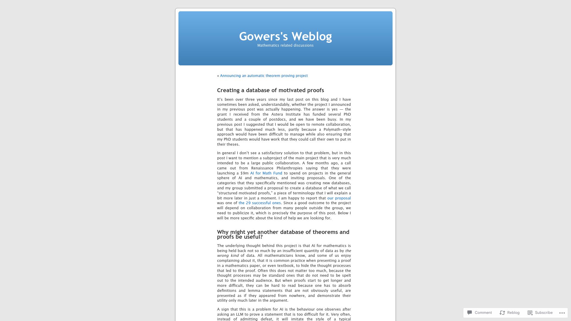 Screenshot of gowers.wordpress.com: Creating a database of motivated proofs