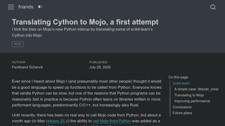 Screenshot of fnands.com: Translating Cython to Mojo, a first attempt