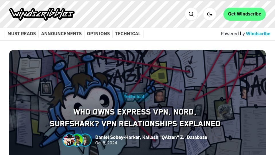 Screenshot of windscribe.com: Who owns Express VPN, Nord, Surfshark? VPN relationships explained (2024)