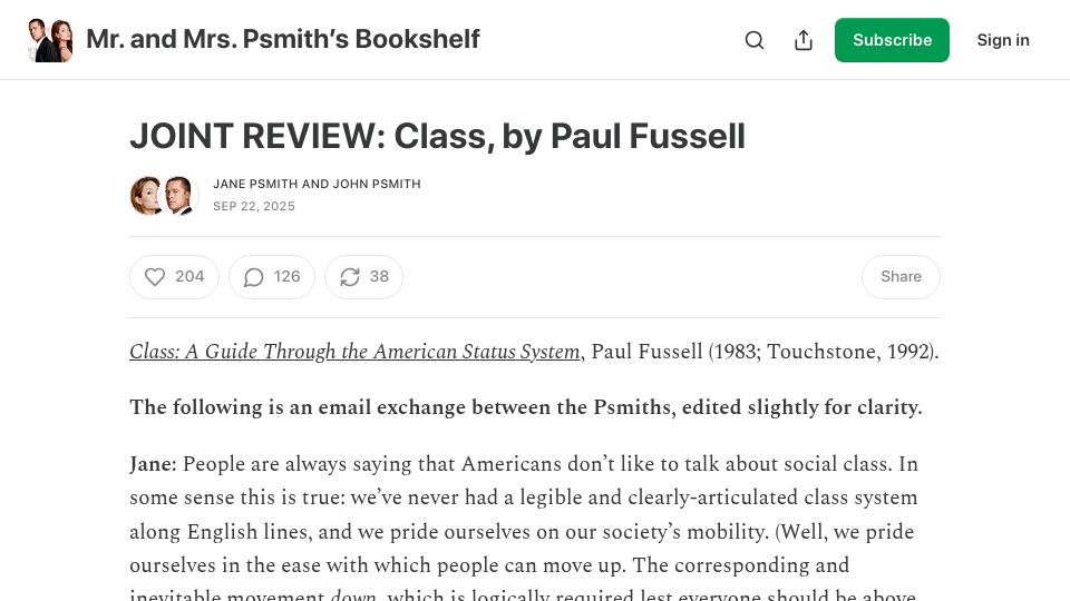Screenshot of thepsmiths.com: Joint Book Review: Class, by Paul Fussell