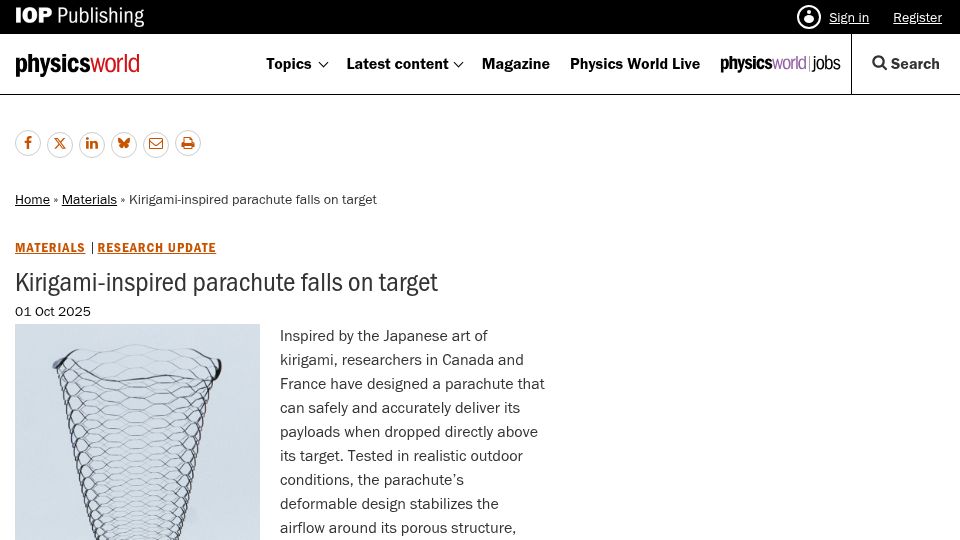 Screenshot of physicsworld.com: Kirigami-inspired parachute falls on target
