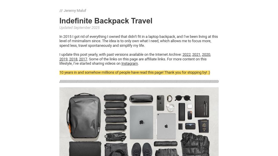 Screenshot of jeremymaluf.com: Indefinite Backpack Travel
