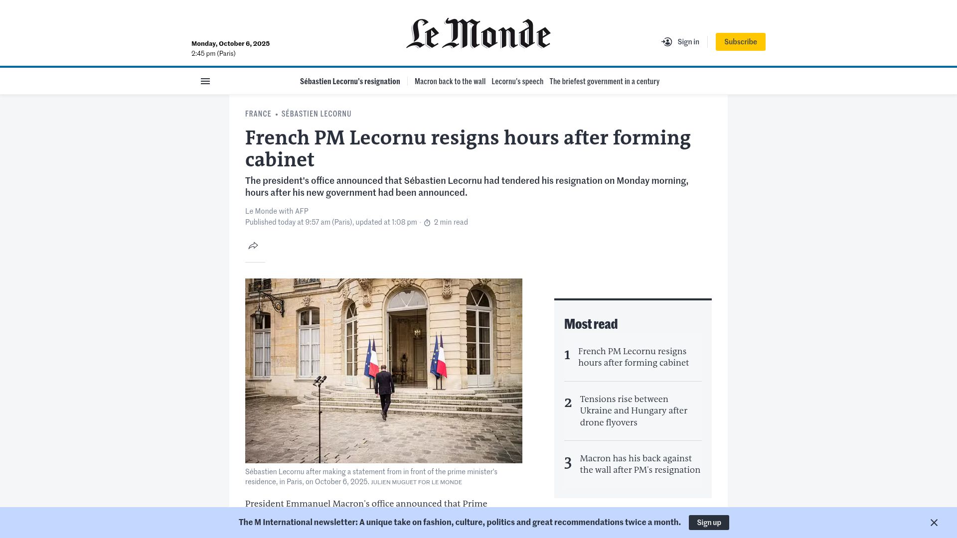 Screenshot of lemonde.fr: French PM Lecornu resigns hours after forming cabinet
