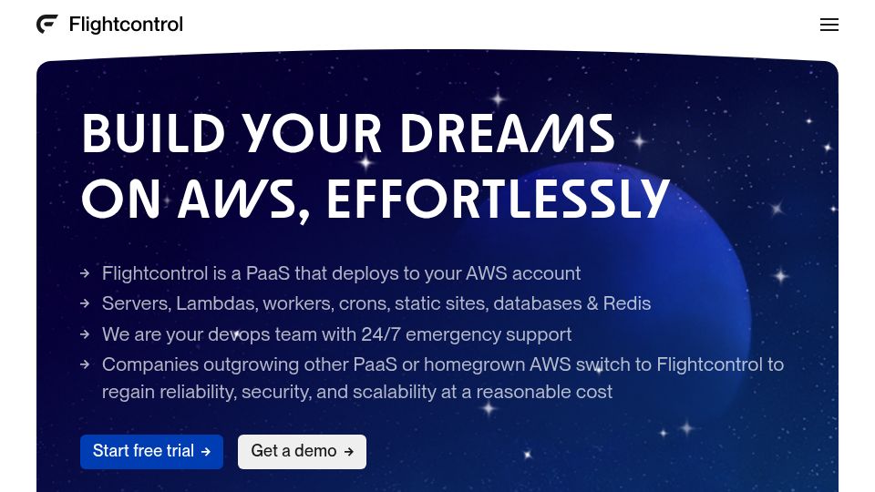 Screenshot of flightcontrol.dev: Flightcontrol: A PaaS that deploys to your AWS account