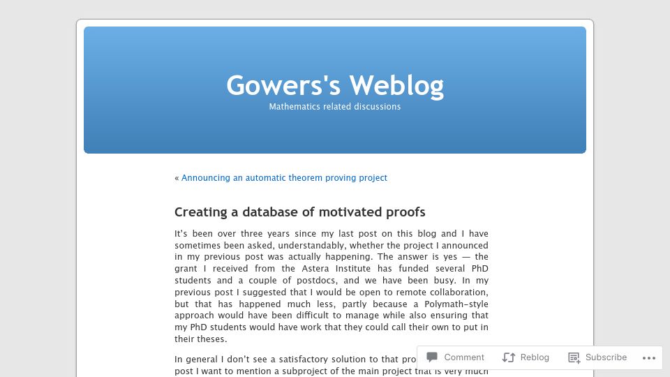 Screenshot of gowers.wordpress.com: Creating a database of motivated proofs