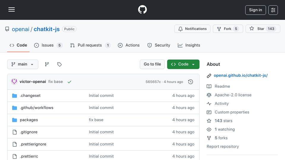 Screenshot of github.com: OpenAI ChatKit