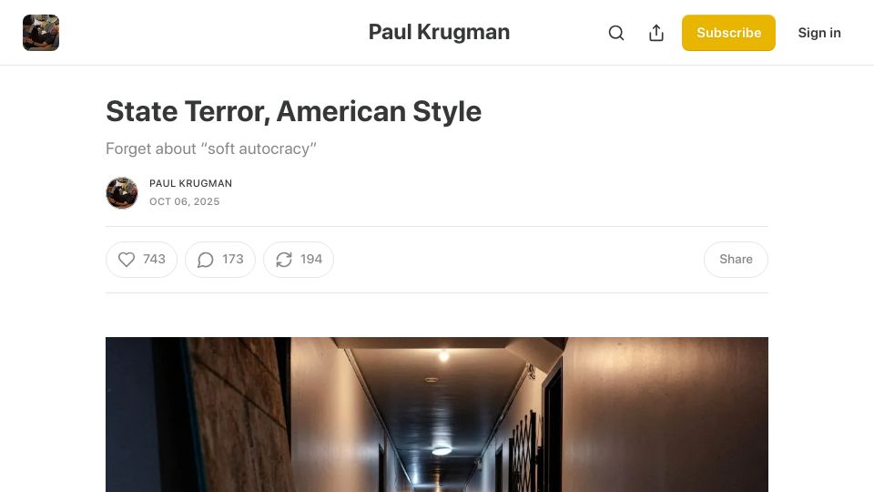 Screenshot of paulkrugman.substack.com: State Terror, American Style – Paul Krugman
