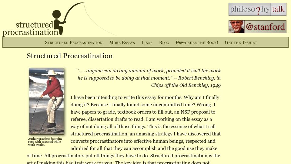 Screenshot of structuredprocrastination.com: Structured Procrastination (1995)