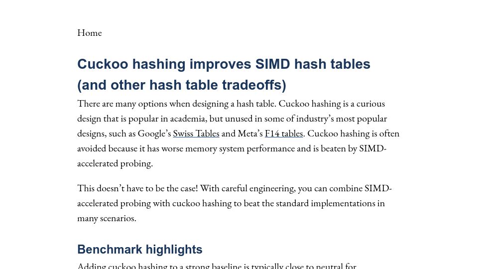Screenshot of reiner.org: Cuckoo hashing improves SIMD hash tables (and other hash table tradeoffs)
