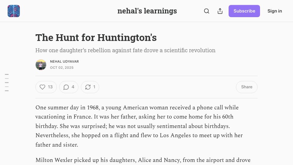 Screenshot of nehalslearnings.substack.com: The Hunt for Huntington's