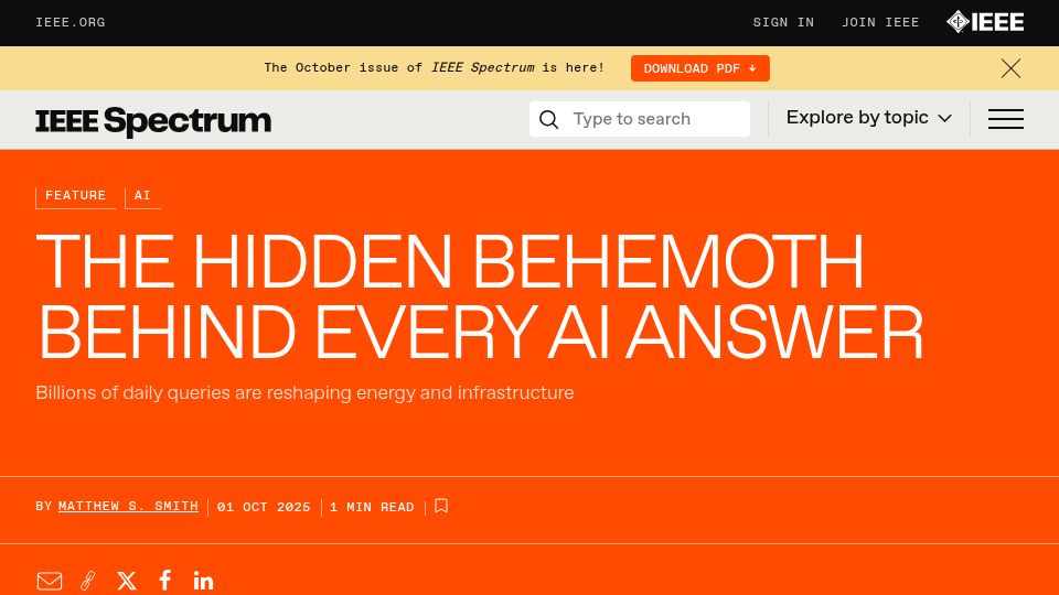 Screenshot of spectrum.ieee.org: Estimating AI energy use