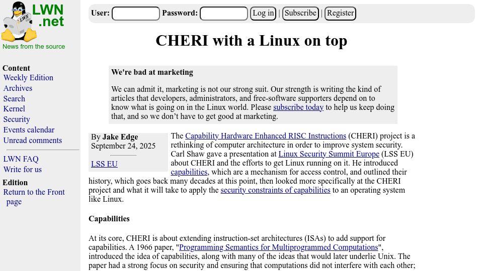 Screenshot of lwn.net: CHERI with a Linux on Top