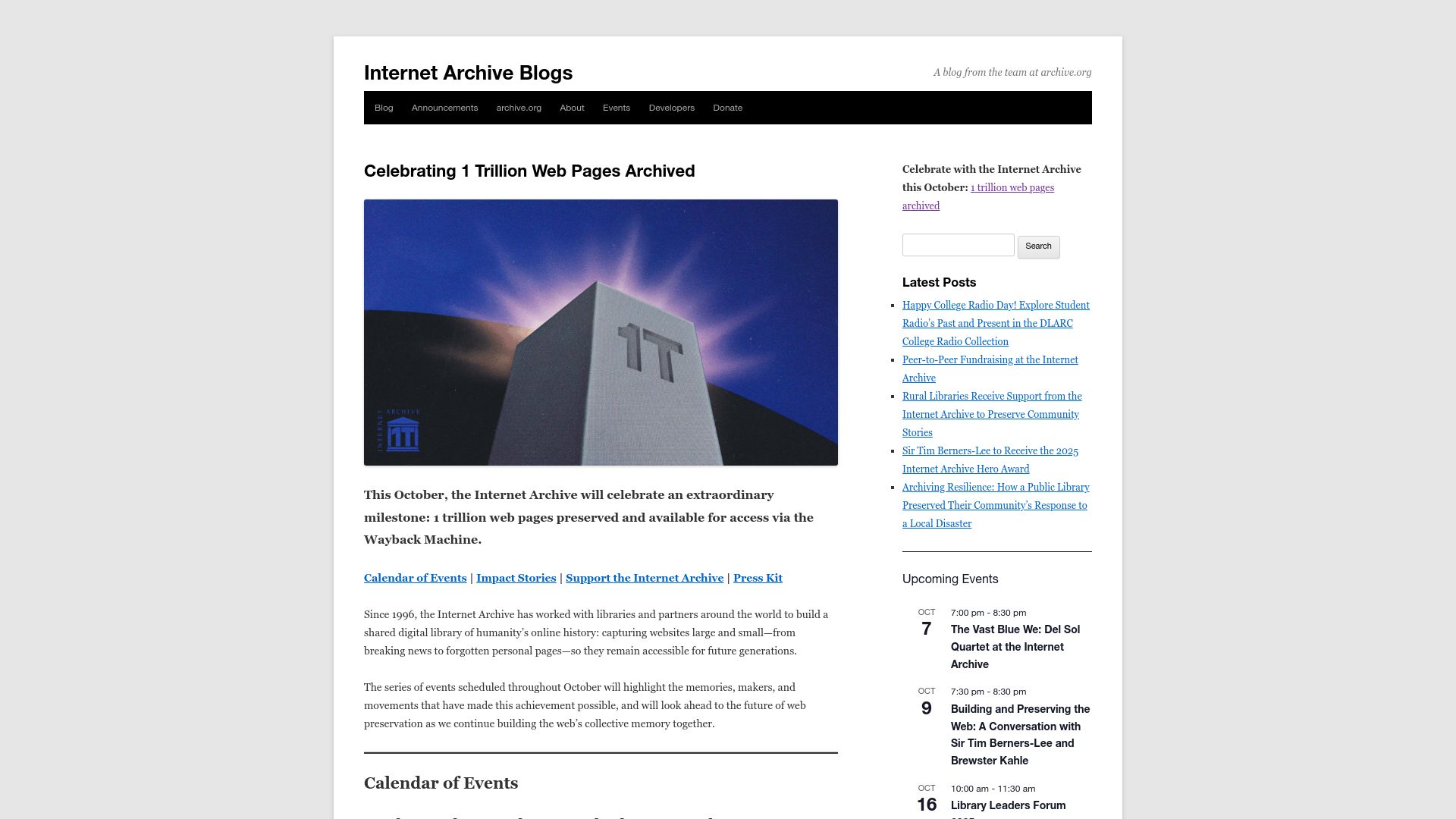 Screenshot of blog.archive.org: 1 Trillion Web Pages Archived