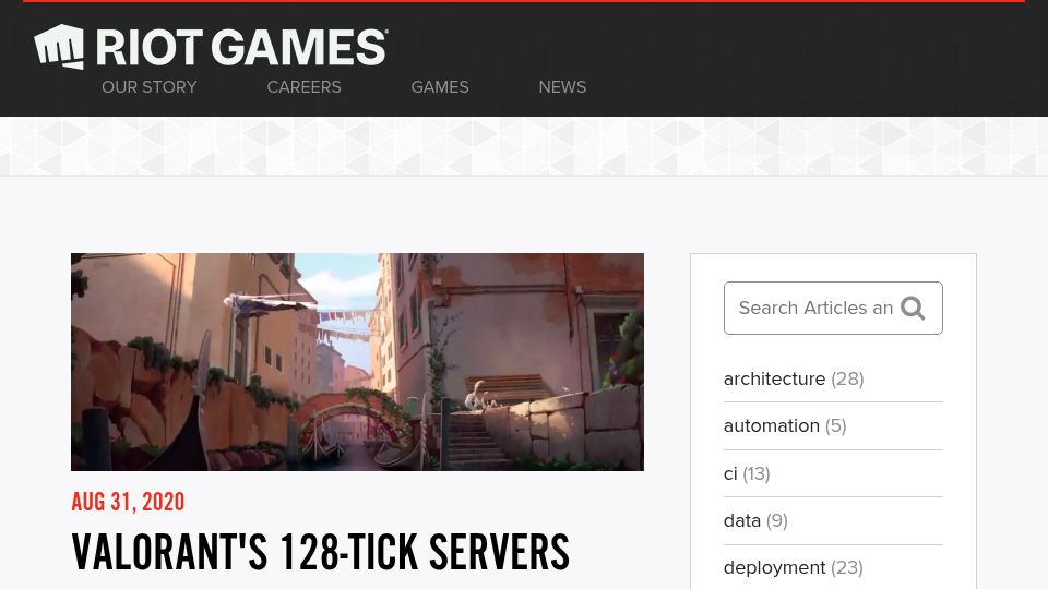 Screenshot of technology.riotgames.com: Valorant's 128-Tick Servers (2020)