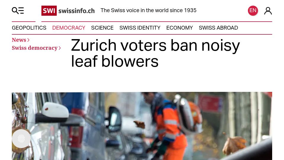 Screenshot of swissinfo.ch: Zürich voters ban noisy leaf blowers