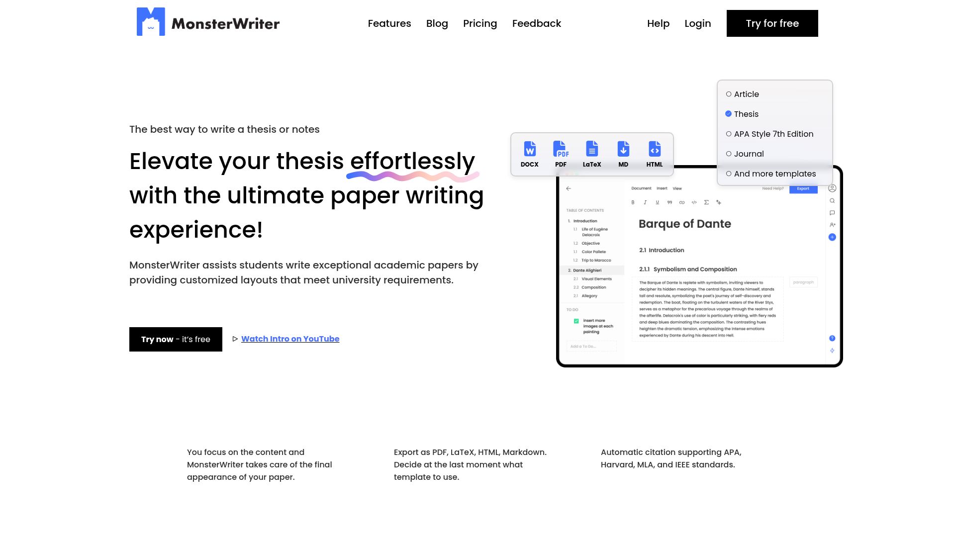 Screenshot of monsterwriter.com: Show HN: I've build a platform for writing technical/scientific documents