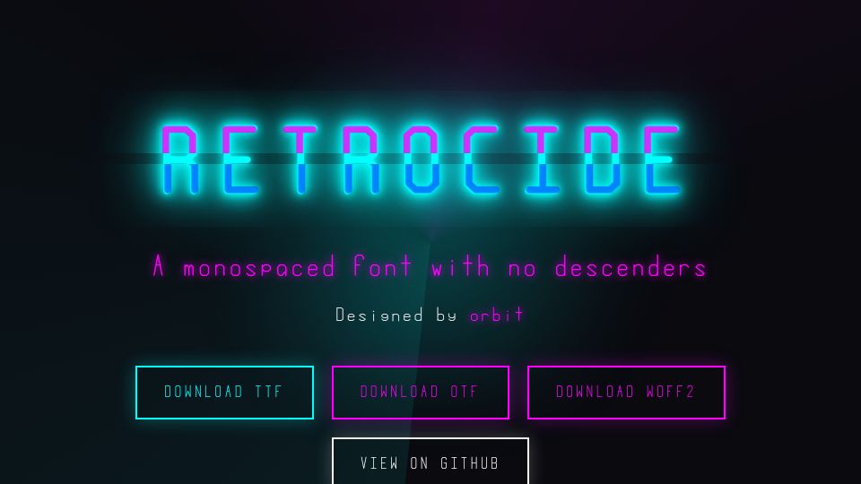 Screenshot of geonot.github.io: Retrocide Mono – A monospaced font with no decenders