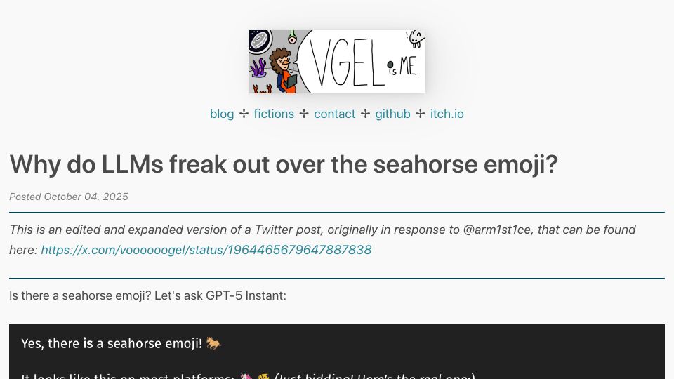Screenshot of vgel.me: Why do LLMs freak out over the seahorse emoji?