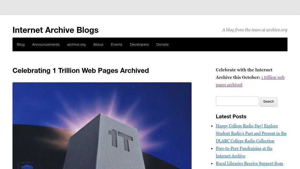 Screenshot of blog.archive.org: 1 Trillion Web Pages Archived