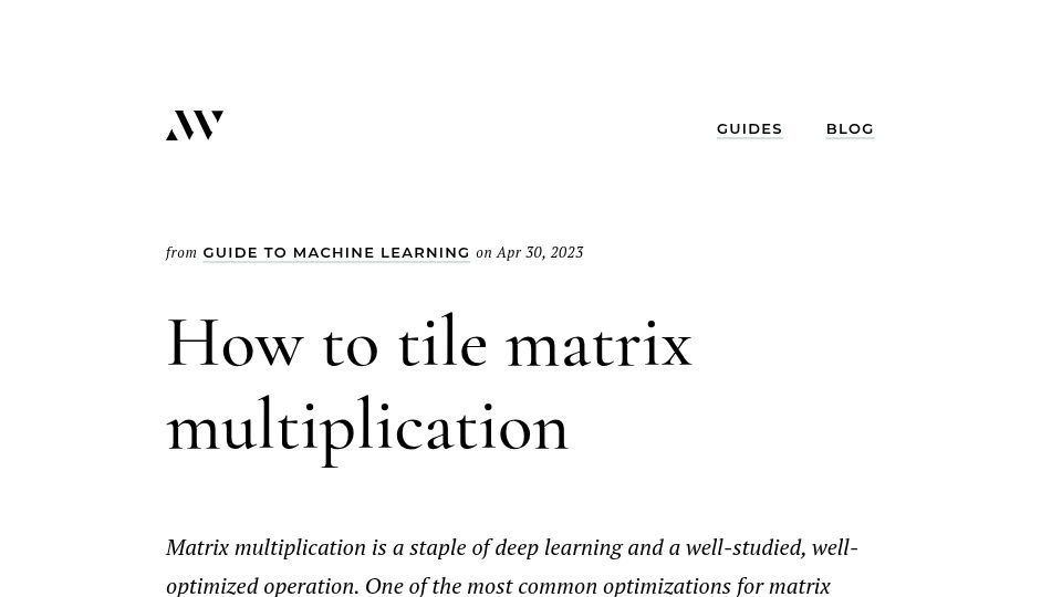 Screenshot of alvinwan.com: How to tile matrix multiplication (2023)