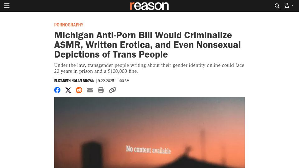 Screenshot of reason.com: Michigan anti-porn bill would criminalize ASMR, written erotica