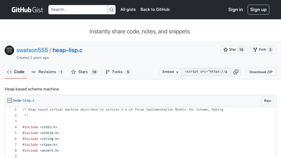 Screenshot of gist.github.com: Show HN: Kent Dybvig's Scheme Machine in 400 Lines of C (Heap-Memory Model)