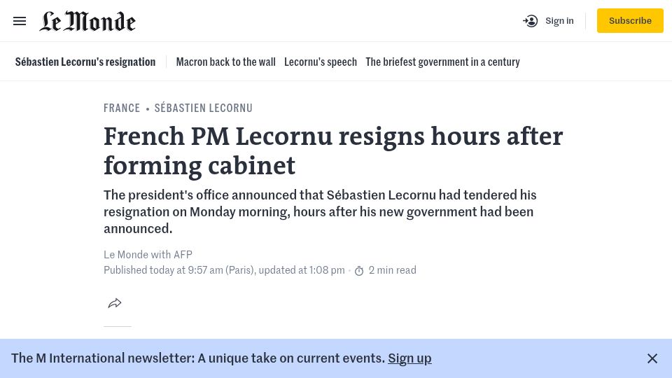 Screenshot of lemonde.fr: French PM Lecornu resigns hours after forming cabinet