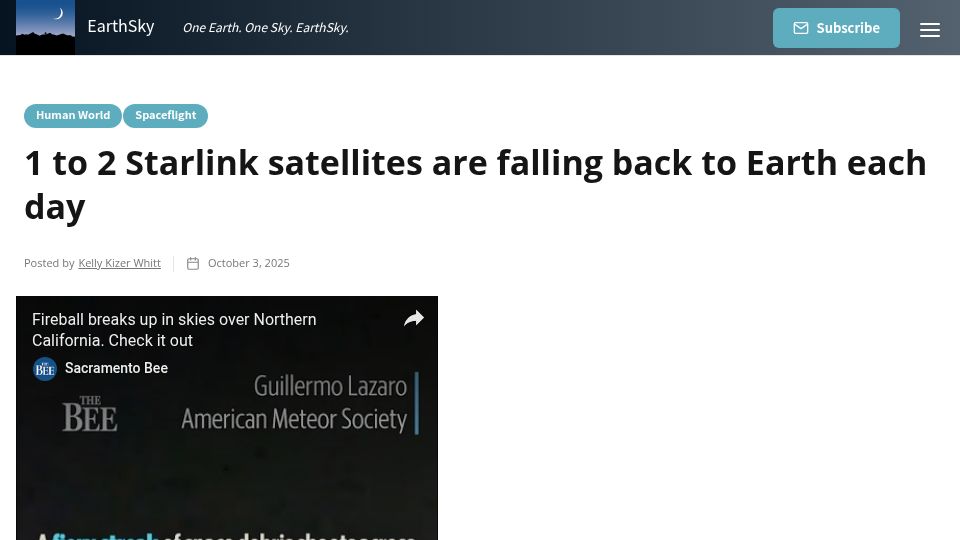 Screenshot of earthsky.org: One to two Starlink satellites are falling back to Earth each day