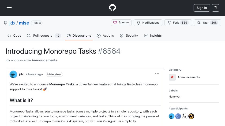 Screenshot of github.com: Mise: Monorepo Tasks
